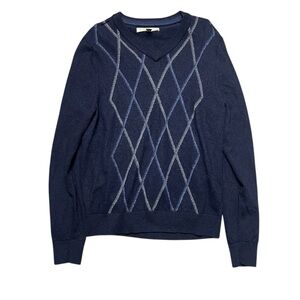 Nordstrom Argyle Sweater Men’s Size M Navy Blue V Neck Preppy Wool Knit